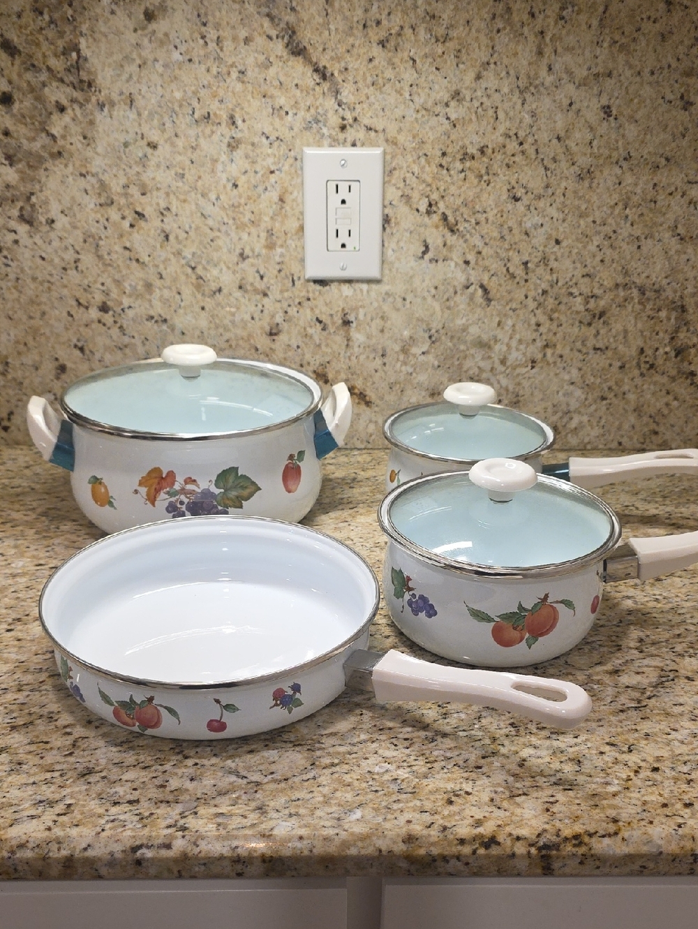 Metro Fruitful Harvest 7-piece enamel on steel cookware set featuring a vintage